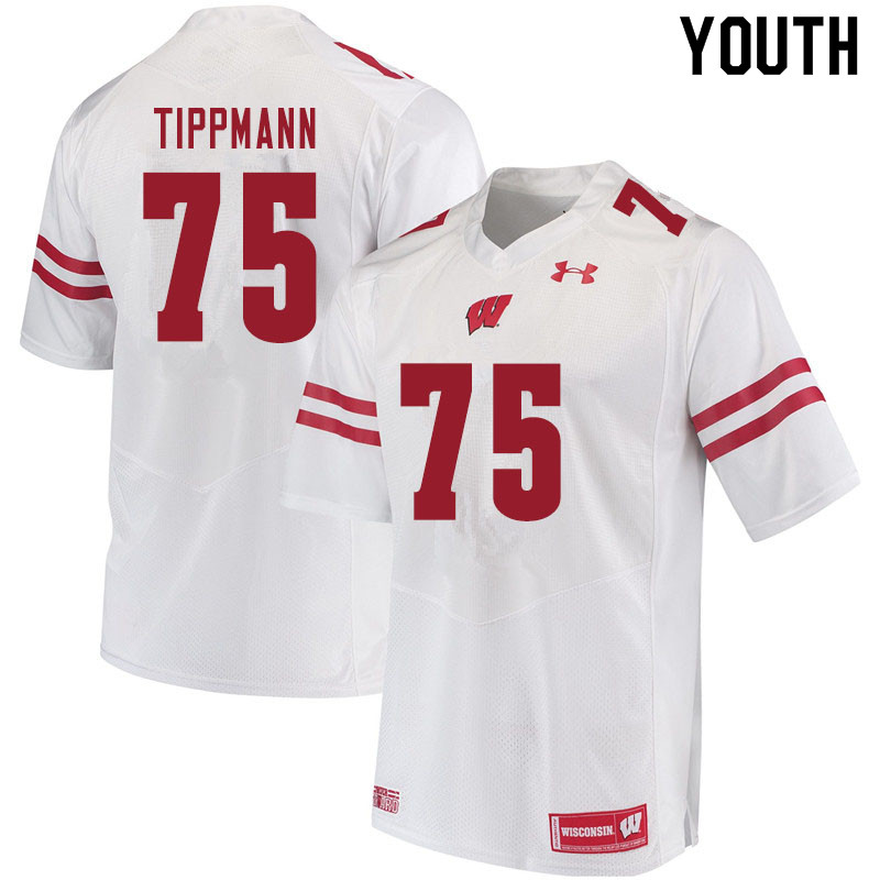 Youth #75 Joe Tippmann Wisconsin Badgers College Football Jerseys Sale-White - Click Image to Close